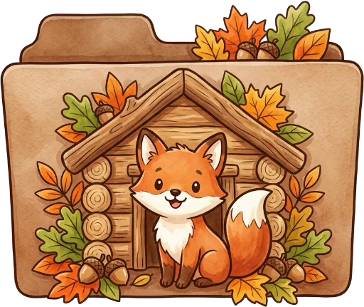 AI folder icon: a fox in a log cabin with autumn leaves